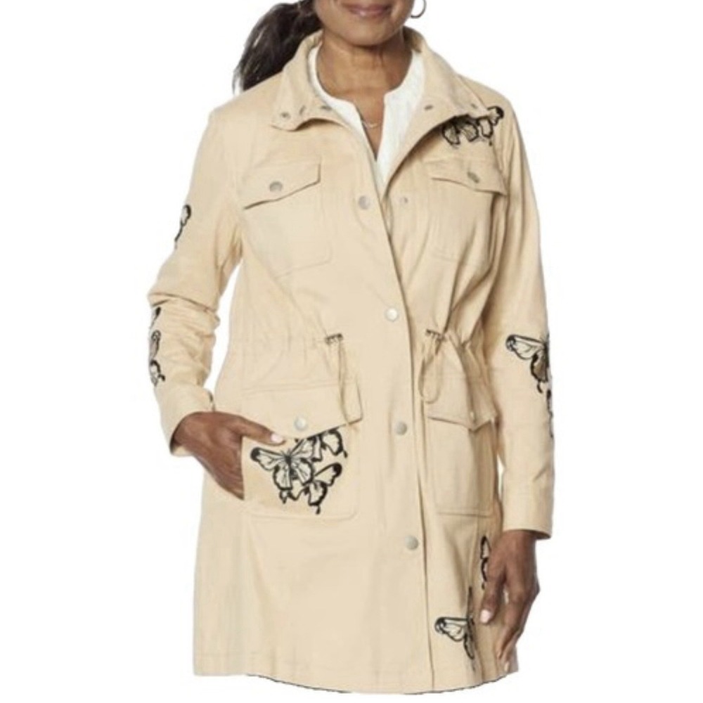Colleen Lopez Embroidered Military Coat ‎ Size L Butterfly Appliqué